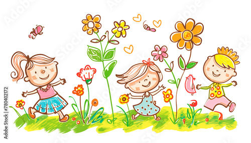 Kids drawing style home family  friends flower