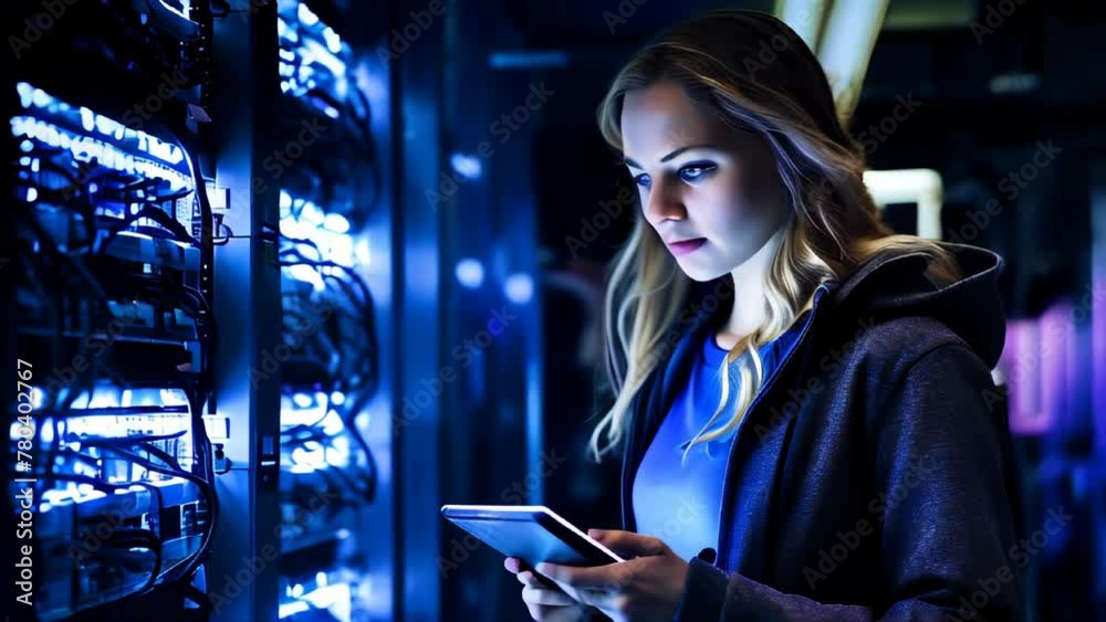 A specialist young woman working in the server room A specialist young woman working in the server room