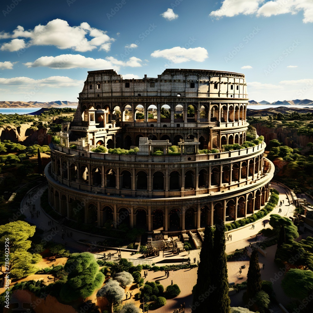 AI generated illustration of Aan aerial view of the Colosseum in Rome, Italy