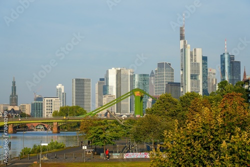Beautiful view of skyscrapers and the bridge over the Maine river in Frankfurt, Germany