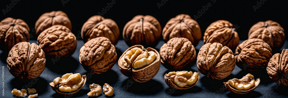 AI-generated illustration of Halved walnuts displayed on a surface AI-generated illustration of Halved walnuts displayed on a surface