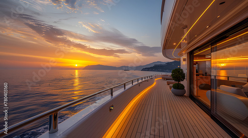 Sunset view from a cruise ship deck with reflective flooring. Travel and leisure concept. Design for travel brochures and luxury lifestyle advertising. Perspective composition with ocean horizon © Ekaterina