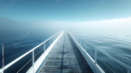 Modern bridge disappearing into the mist over calm waters. Concept of travel  journey and the unknown. Minimalistic design with blue tones and perspective view