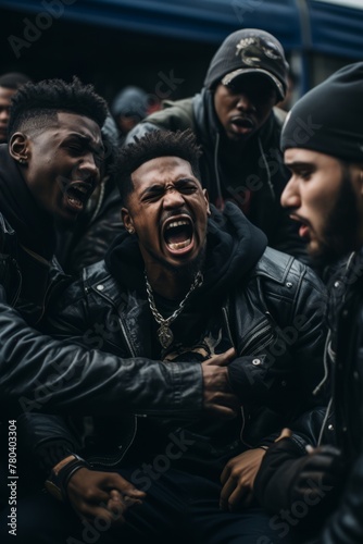 A group of men belonging to the Gang are gathered together, wearing leather jackets and hats. They appear engaged in a rap battle, using their words and gestures to settle a dispute