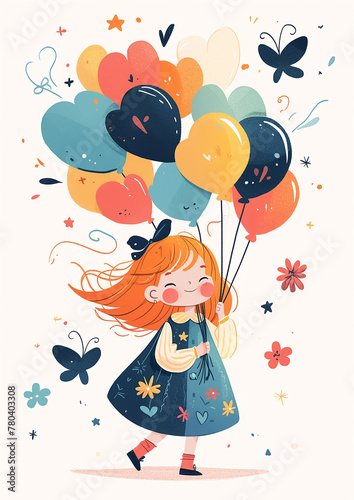 Children's Day A girl is holding a bunch of balloons and smiling. The balloons are in different colors, and the girl is wearing a dress with flowers.
