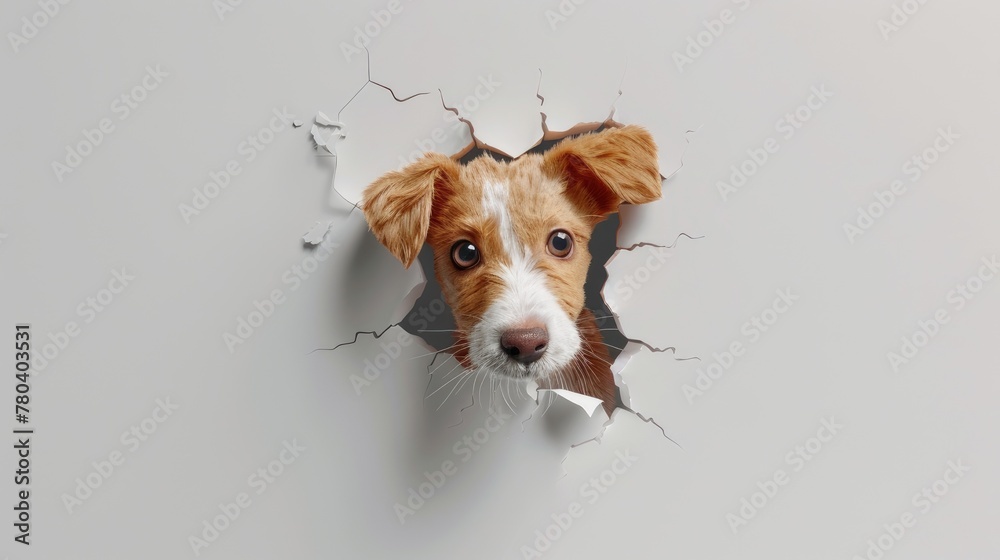 hole in the wall, with an adorable dog peeking out, adding charm to any space, against a pristine white background, perfect for a playful touch in home decor. hole in the wall, with an adorable dog peeking out, adding charm to any space, against a pristine white background, perfect for a playful touch in home decor.