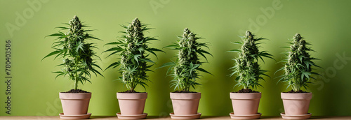 AI-generated illustration of Marijuana plants in clay pots against a green wall