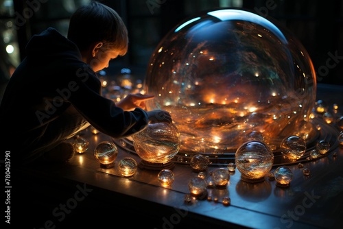 AI generated illustration of a young boy playing with bubbles in a dark room