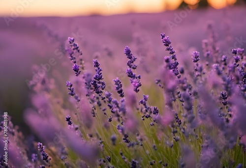 lavender flowers against a sunset sky with trees in the background