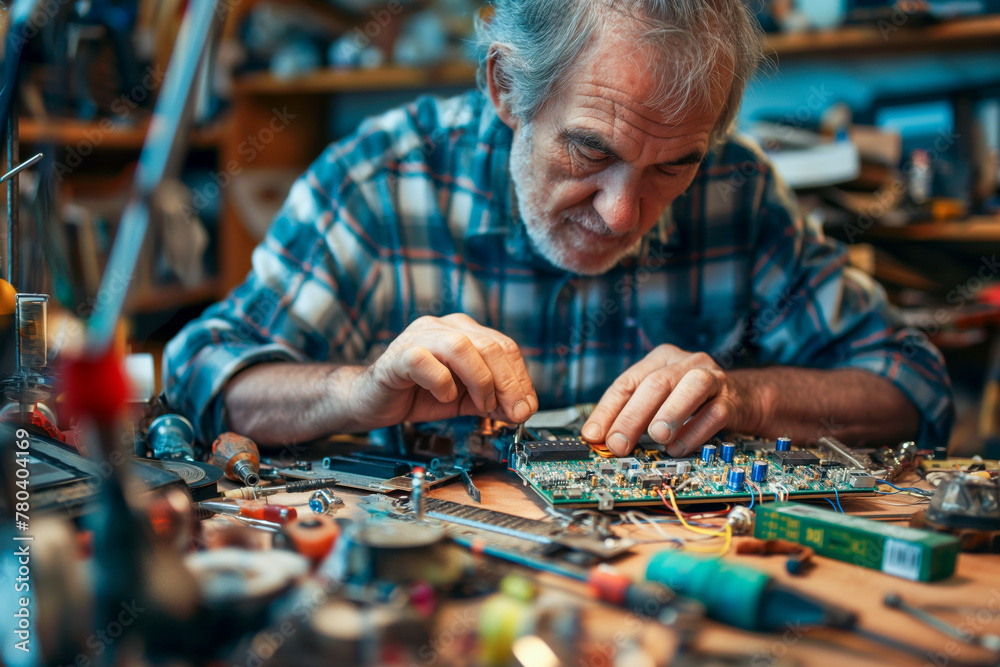 AI generated illustration of an elderly man repairing an electronic device on a workbench AI generated illustration of an elderly man repairing an electronic device on a workbench