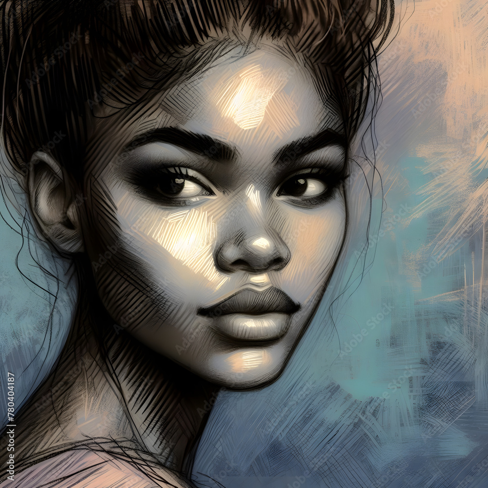 Pretty young african woman face portrait on dark pastel background Pretty young african woman face portrait on dark pastel background