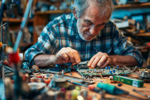 AI generated illustration of an elderly man repairing an electronic device on a workbench photo