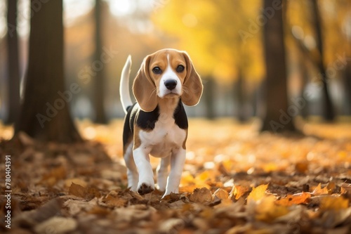 AI generated illustration of an adorable beagle pup walking through a pile of autumn leaves © Wirestock