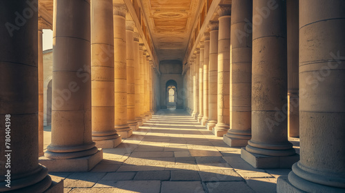 The golden hour sunlight filters beautifully through classical architectural columns, creating a serene atmosphere.
