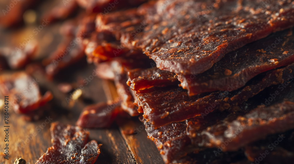 Seasoned beef jerky strips layered on a wooden surface, with a dark, rich color. Seasoned beef jerky strips layered on a wooden surface, with a dark, rich color.