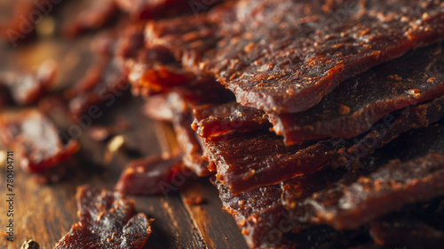 Seasoned beef jerky strips layered on a wooden surface, with a dark, rich color.