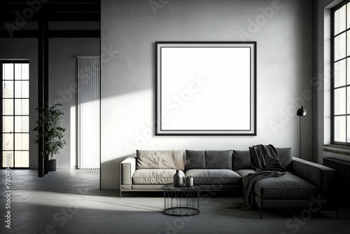 White canvas frame hanging on the wall of a cozy living room, AI-generated. photo