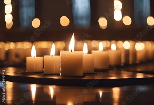 lit candles sitting in a circular on top of a wooden table