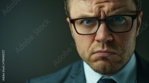 Serious man with glasses looking directly at the camera with a questioning expression.