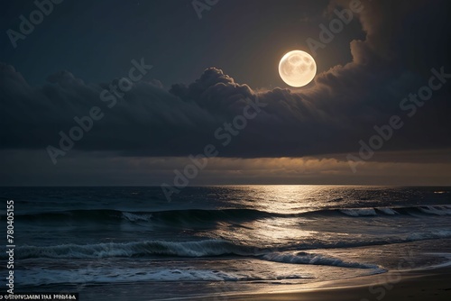 a full moon is lit over the ocean in this image