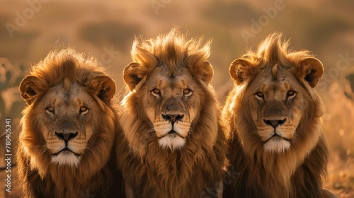 AI-generated illustration of Three lions together in the grass, their fur blowing in the wind