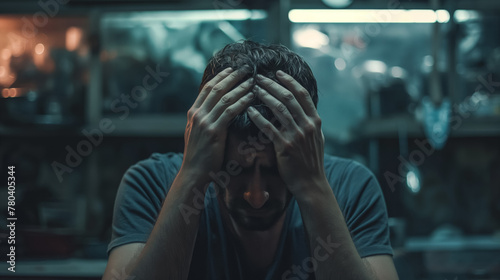 Man sitting alone in a diner with his head in his hands, showing a moment of distress or deep thought.