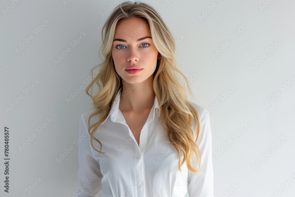 Fototapeta premium Elegant Blonde Beauty in White: Chic Style on Display