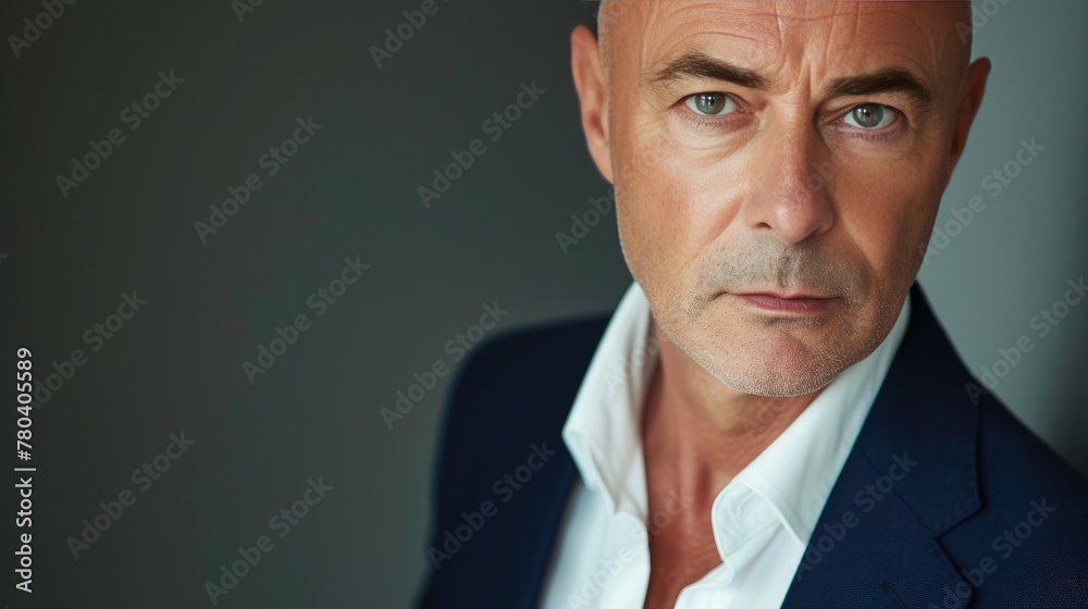 Sophisticated Bald Man in Classic Navy Suit Sophisticated Bald Man in Classic Navy Suit