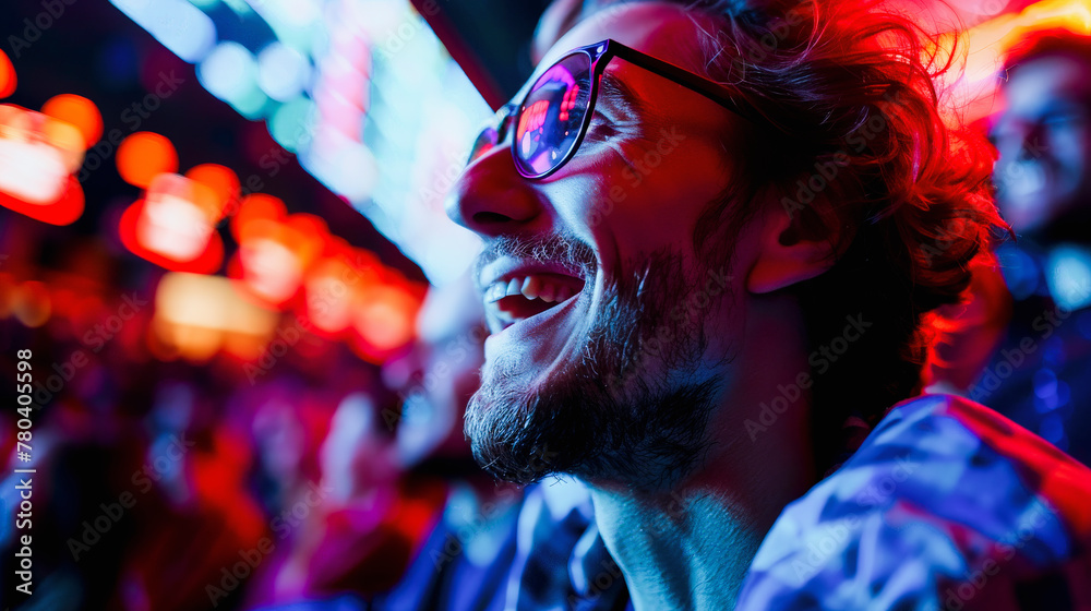 A joyful young man with glasses, enjoying vibrant nightlife ambiance under neon lights, exhibits a wide, cheerful smile.