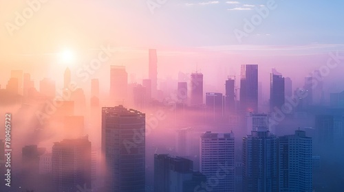 the sun is shining brightly over some city buildings in the fog © Wirestock