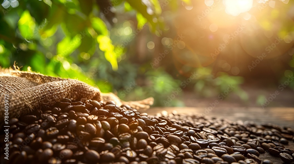 Obraz premium roasted coffee beans lie on top of a sack of coffee beans in this close up
