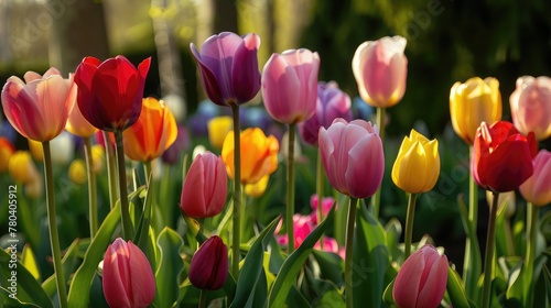 A vibrant field of colorful tulip flowers stretching out as far as the eye can see. 