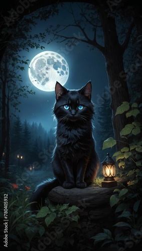 AI-generated illustration of a black cat with blue eyes perched on a stone under the full moon