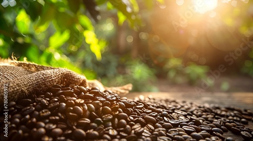 roasted coffee beans lie on top of a sack of coffee beans in this close up photo