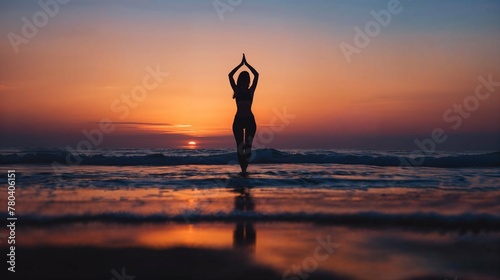 Woman with arms raised, standing in shallow beach water, AI-generated.