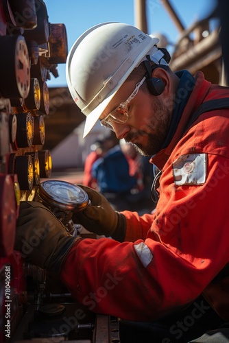 A man wearing a hard hat is diligently working on a piece of machinery, focusing on monitoring pressure levels during drilling to enhance productivity