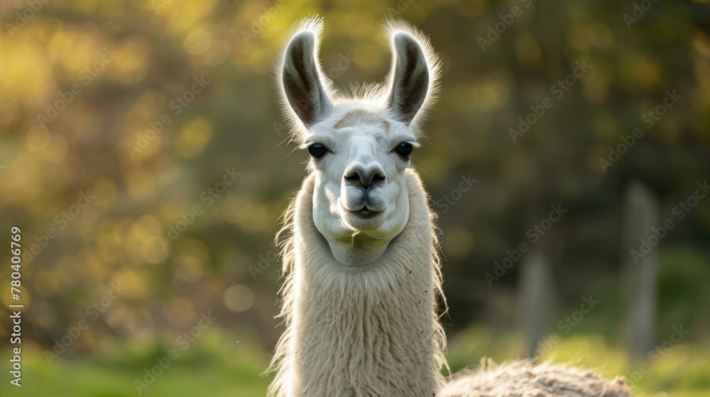 Llama portrait with wildlife, nature, outdoors, animal, bokeh, fur, eyes, and ears in tranquil golden hour light