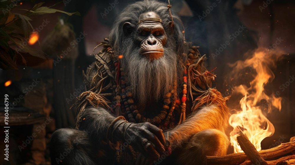 AI generated illustration of a monkey with its hands resting on its knees sitting beside a fire