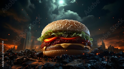 AI generated illustration of a large hamburger placed on a deserted and crumbling cityscape photo
