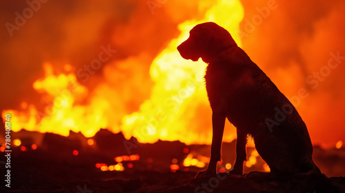 A lone dog is silhouetted against an intense fire in the background, creating a stark contrast of calm and chaos.