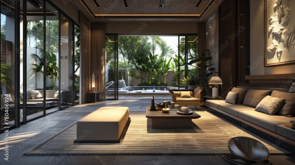 Fototapeta premium a seven-floor residence, boasting a pool and kid's club, alongside a luxurious lounge, all infused with the exotic charm of Arabic-Thai architectural style.