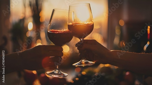 AI generated illustration of two hands clink glasses in a sunset toast