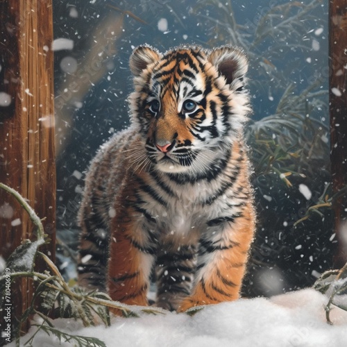 AI generated illustration of an adorable tiger cub walking through a snowy field