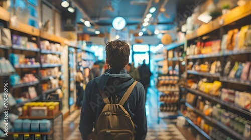 AI generated illustration of a guy with a backpack browsing grocery shelves in a store © Wirestock