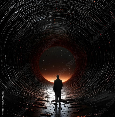 AI generated illustration of a male figure in a dimly lit tunnel with a swirling round portal