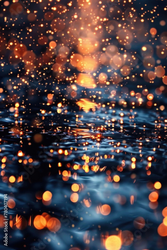 A blurred scene of shimmering water reflections and scattered lights, creating a dynamic and abstract composition in the darkness