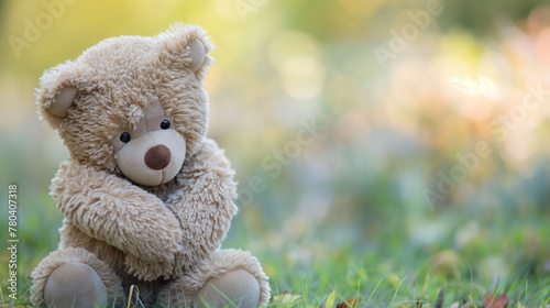Cuddly teddy bear sitting on the grass, bathed in the soft, warm glow of the sunlight filtering through the trees.