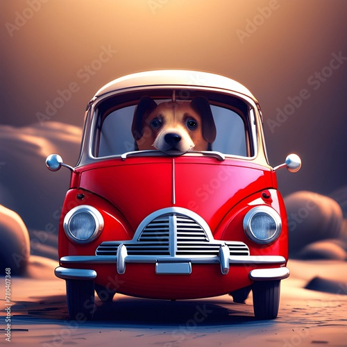 AI generated illustration of an adorable small dog poking its head out of a bright red car window photo