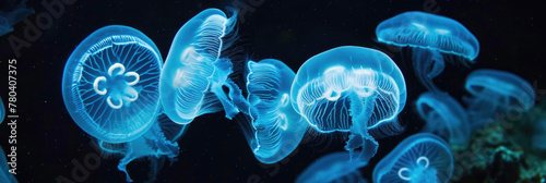Multiple jellyfish gracefully swim in the water, their translucent bodies glowing in the sunlight photo