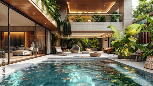 a seven-floor residence, boasting a pool and kid's club, alongside a luxurious lounge, all infused with the exotic charm of Arabic-Thai architectural style. © lililia